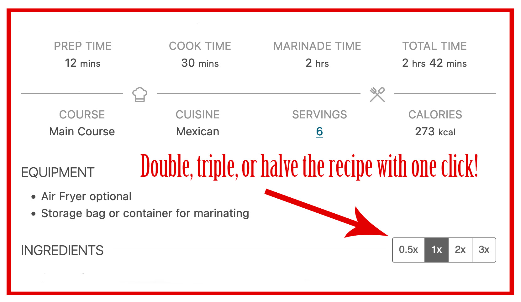 Image of a recipe card pointing out where to adjust servings making Meal Planning for Two work better.