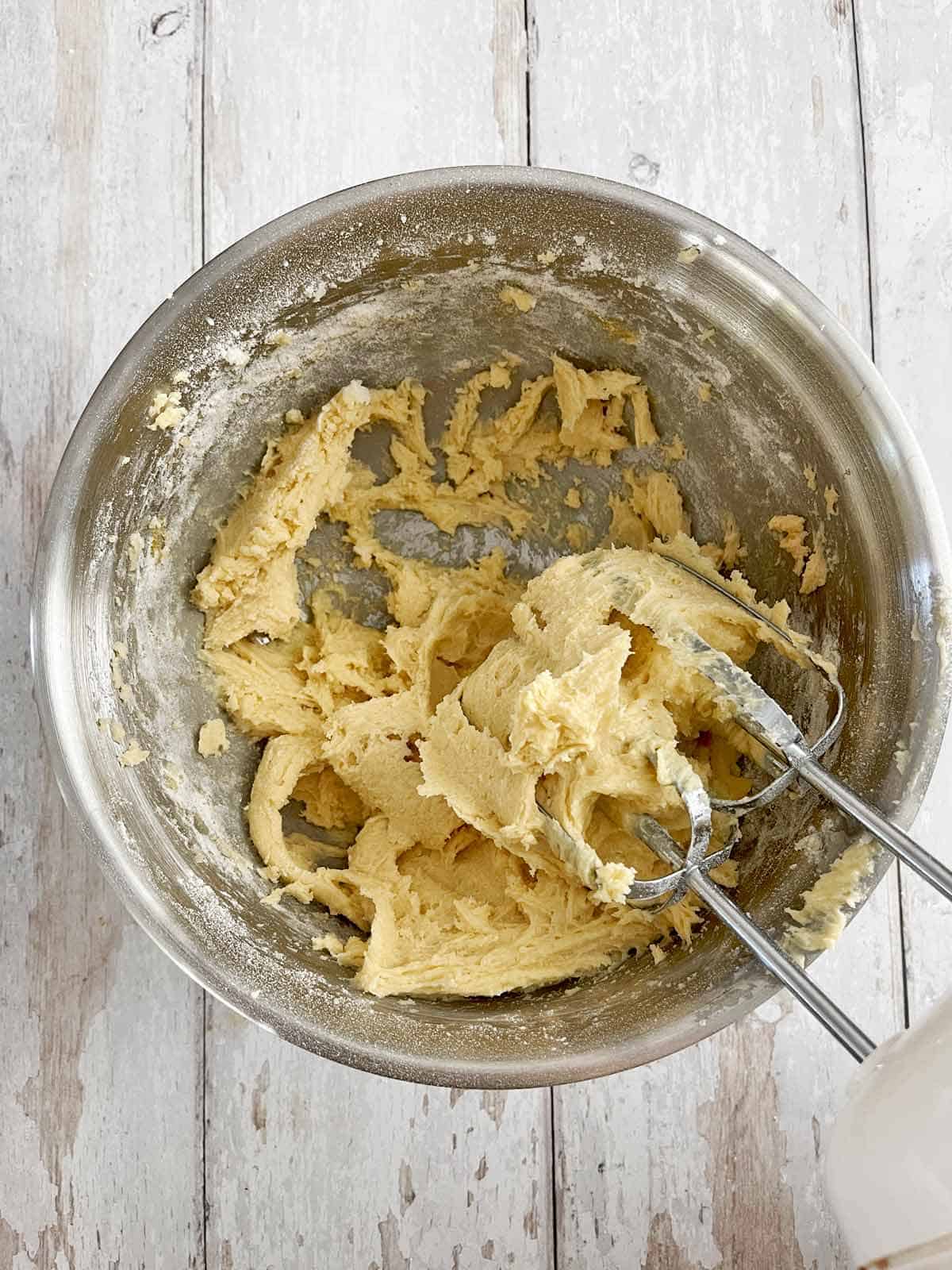 Flour added and mixed into a batter in the large bowl.