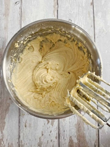 Sour cream and milk mixed into the batter in the bowl.