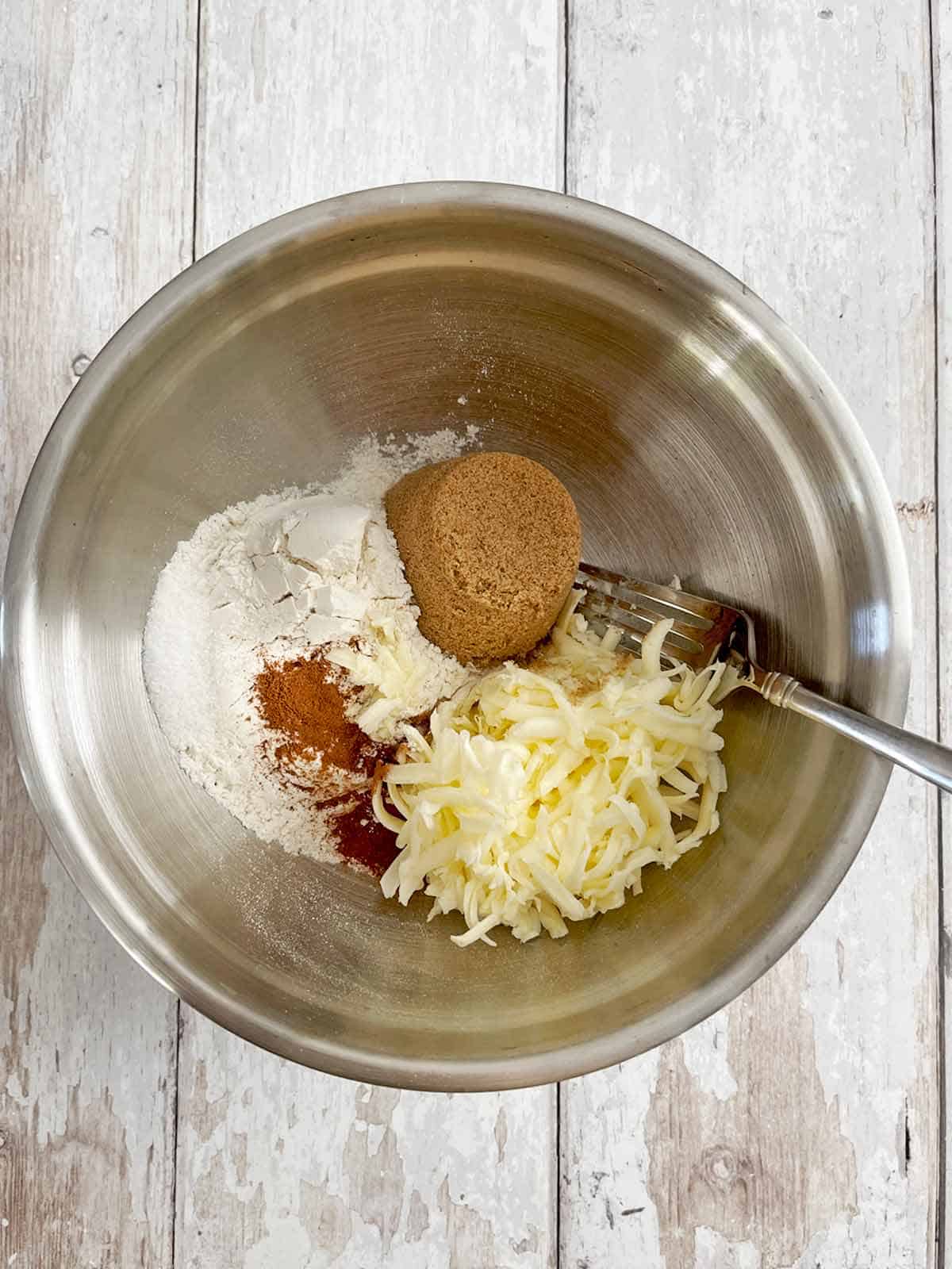 Medium bowl with all the streusel ingredients.
