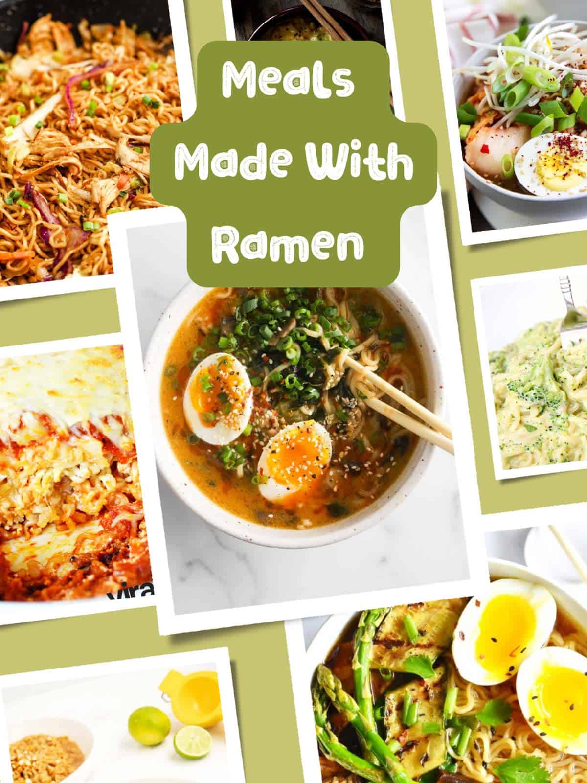 Collage of dishes made with ramen noodles.