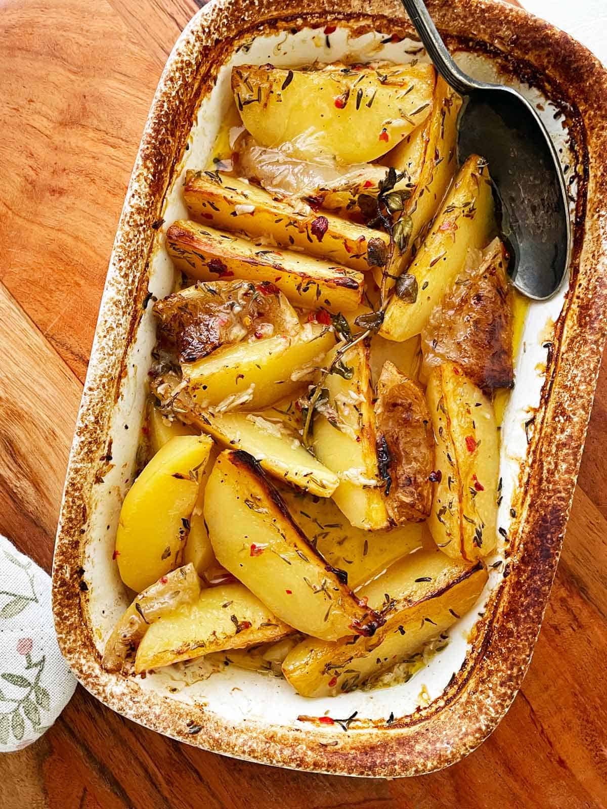 Fully baked, golden brown potatoes with crispy edges.