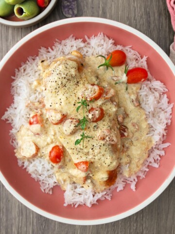 A plate of chicken and rice with sauce.