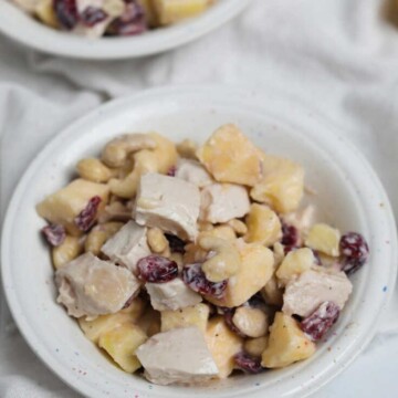 Two bowls of chicken and cranberry salad.