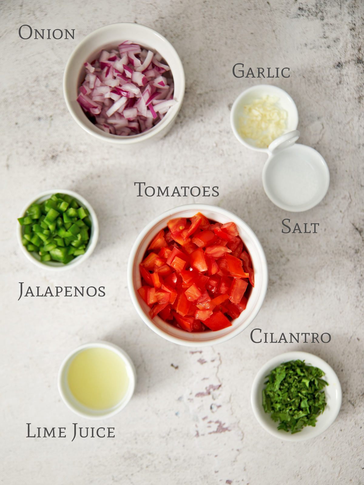 All the ingredients for Chipotle Mild Salsa Recipe for Easy Pico de Gallo.