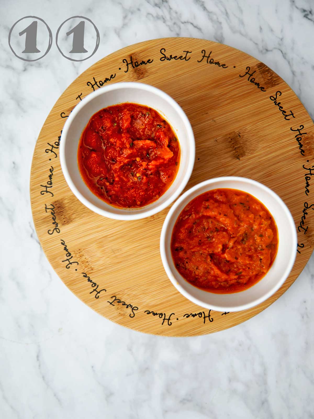 Bowl of chunky pizza sauce with a bowl of blended pizza sauce.