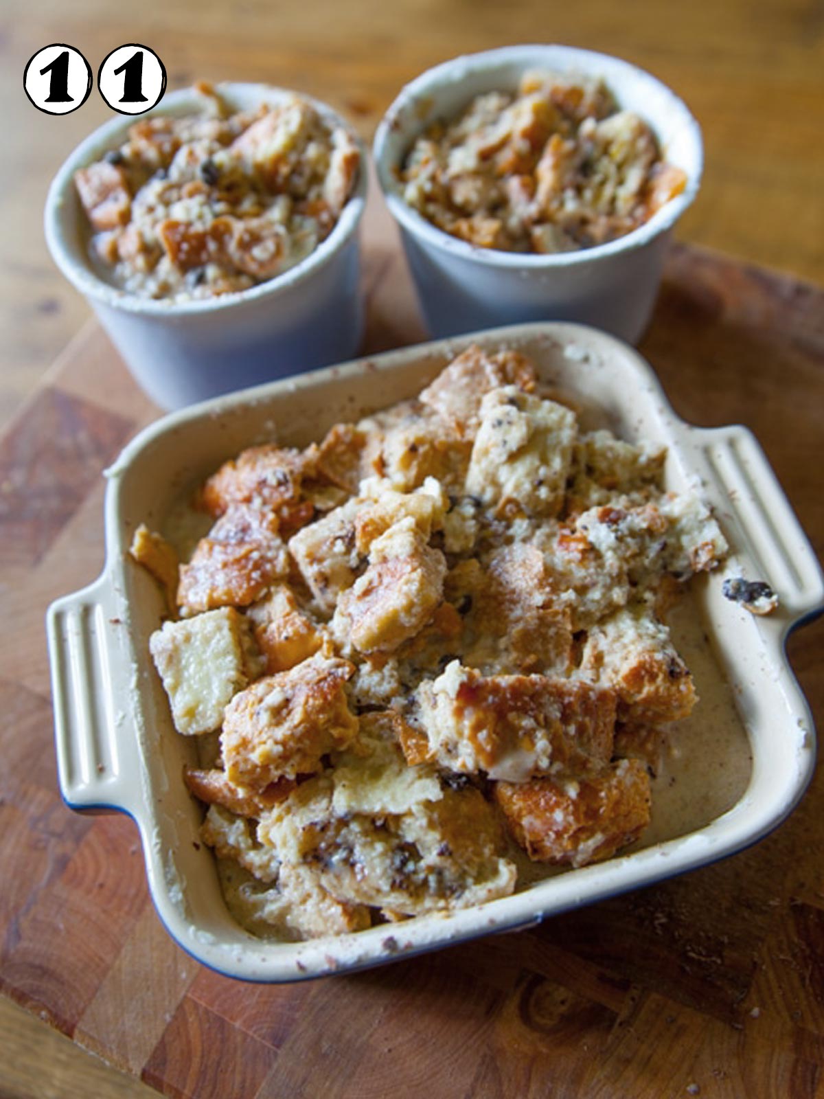 Uncooked batter in the baking dishes.