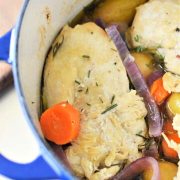 Chicken in a pot with carrots and potatoes.