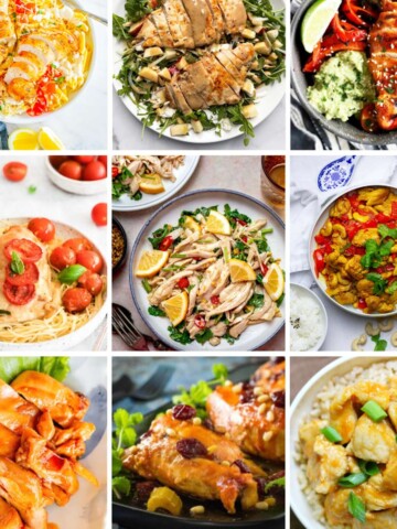 A collage of chicken dinner recipes for two.