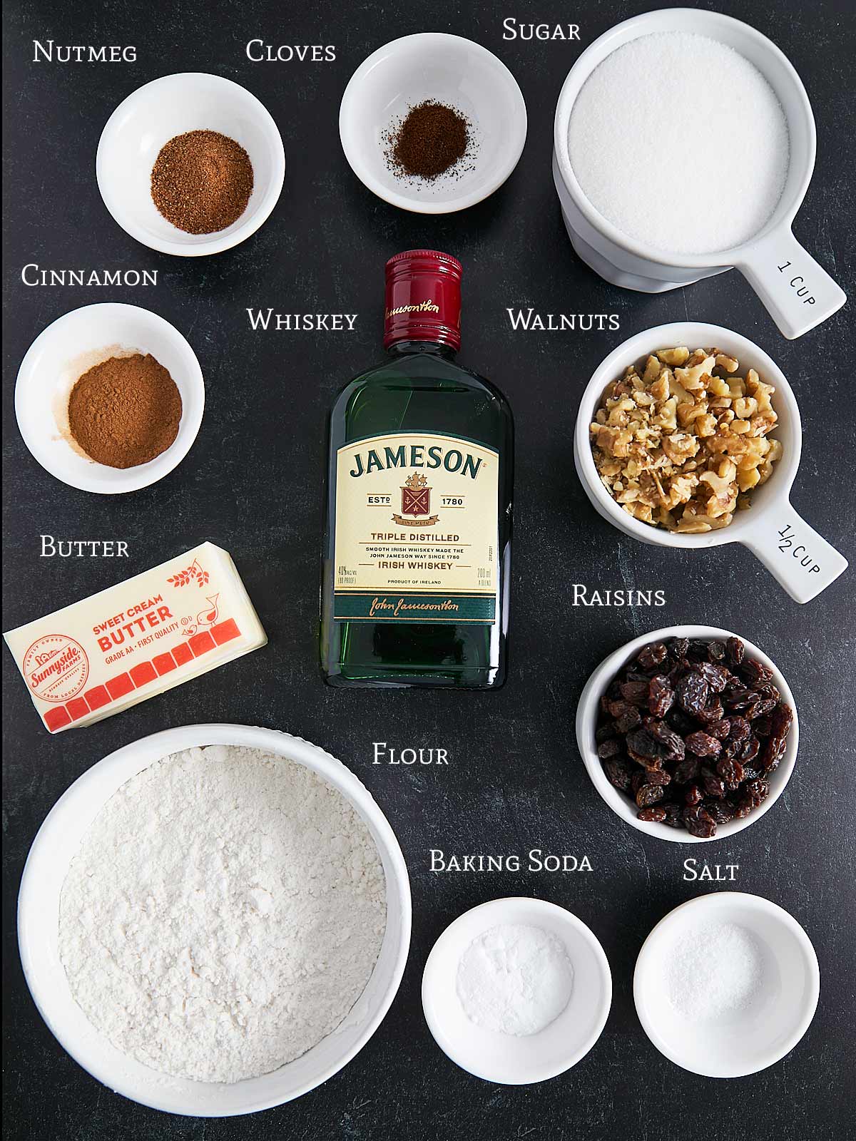 Irish Spice Cake ingredients on a slate background.