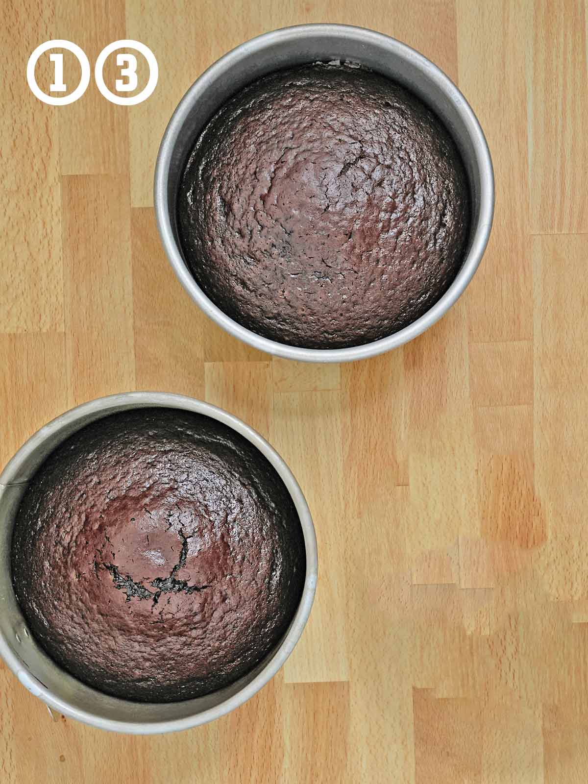 Two fully baked Guinness cakes still in the pans.