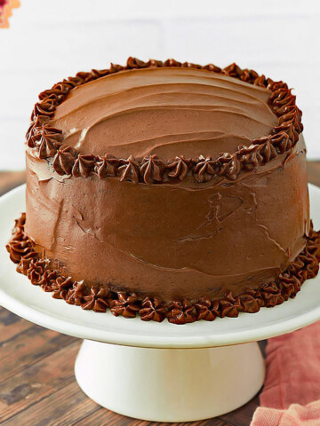 A chocolate cake with Irish cream buttercream on a white plate.
