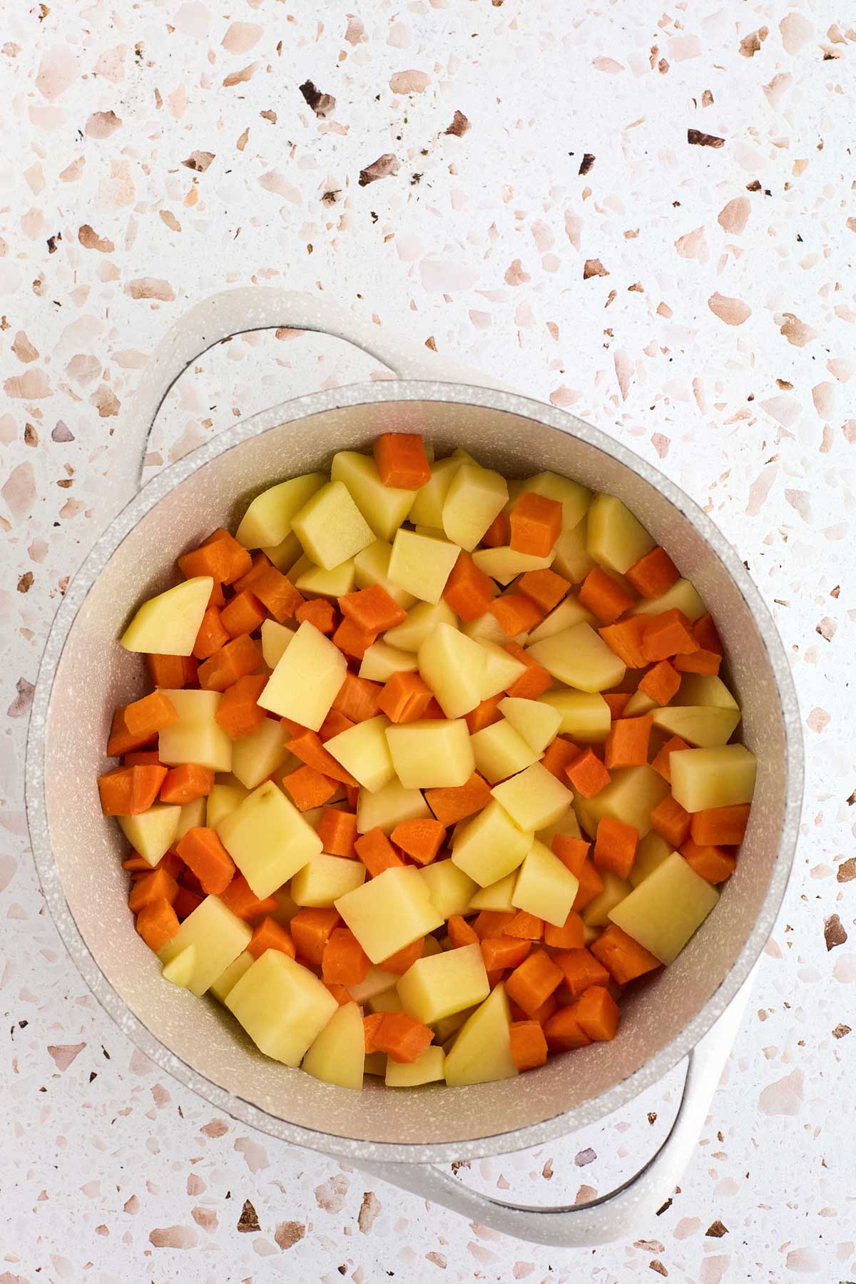 A pot containing chopped potatoes and carrots on a terrazzo countertop.