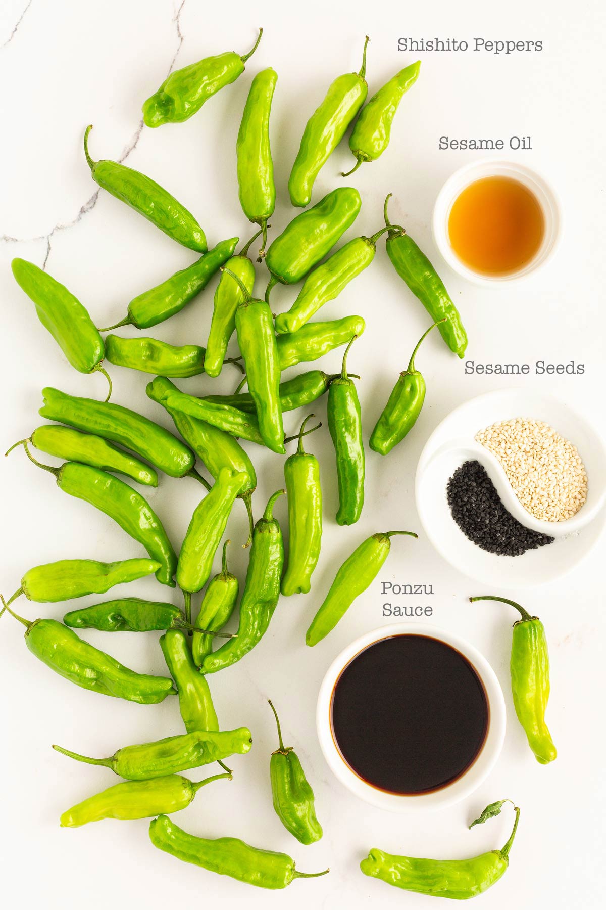 Green shishito peppers scattered on a white surface with bowls of sesame oil, sesame seeds, and ponzu sauce placed nearby.