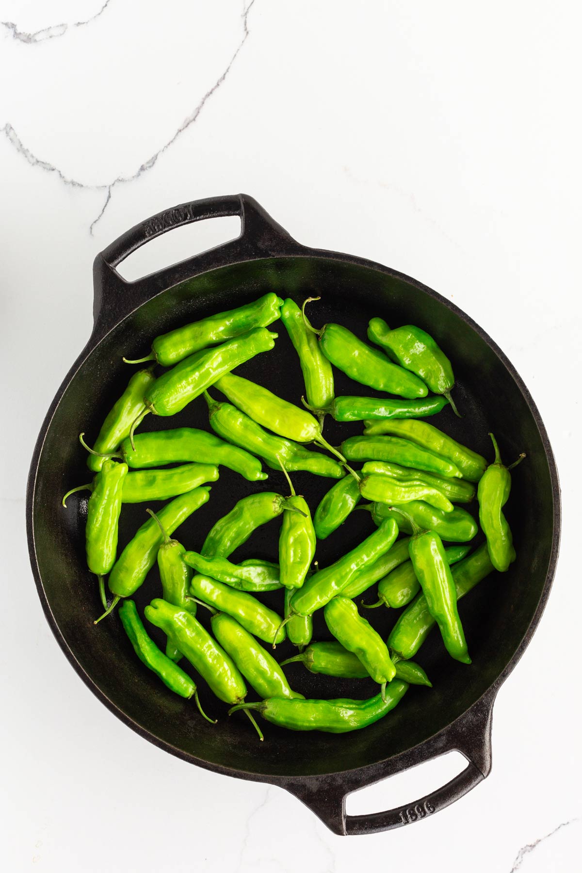 Cast iron skillet with raw shishito peppers in a single layer.