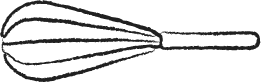 Black and white drawing of a wire whisk with a handle, commonly used for mixing or whipping ingredients in cooking.