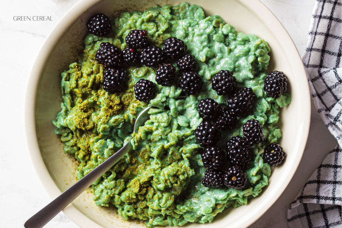 A bowl of green cereal topped with blackberries, with a spoon resting inside the bowl and a black-and-white checkered cloth nearby.