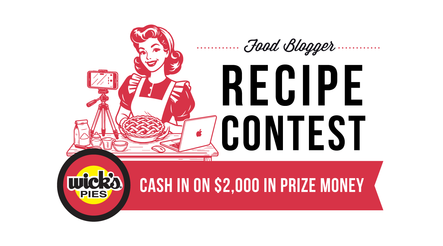 A vintage-style woman stands by a mushroom pot pie, laptop, and camera with text: