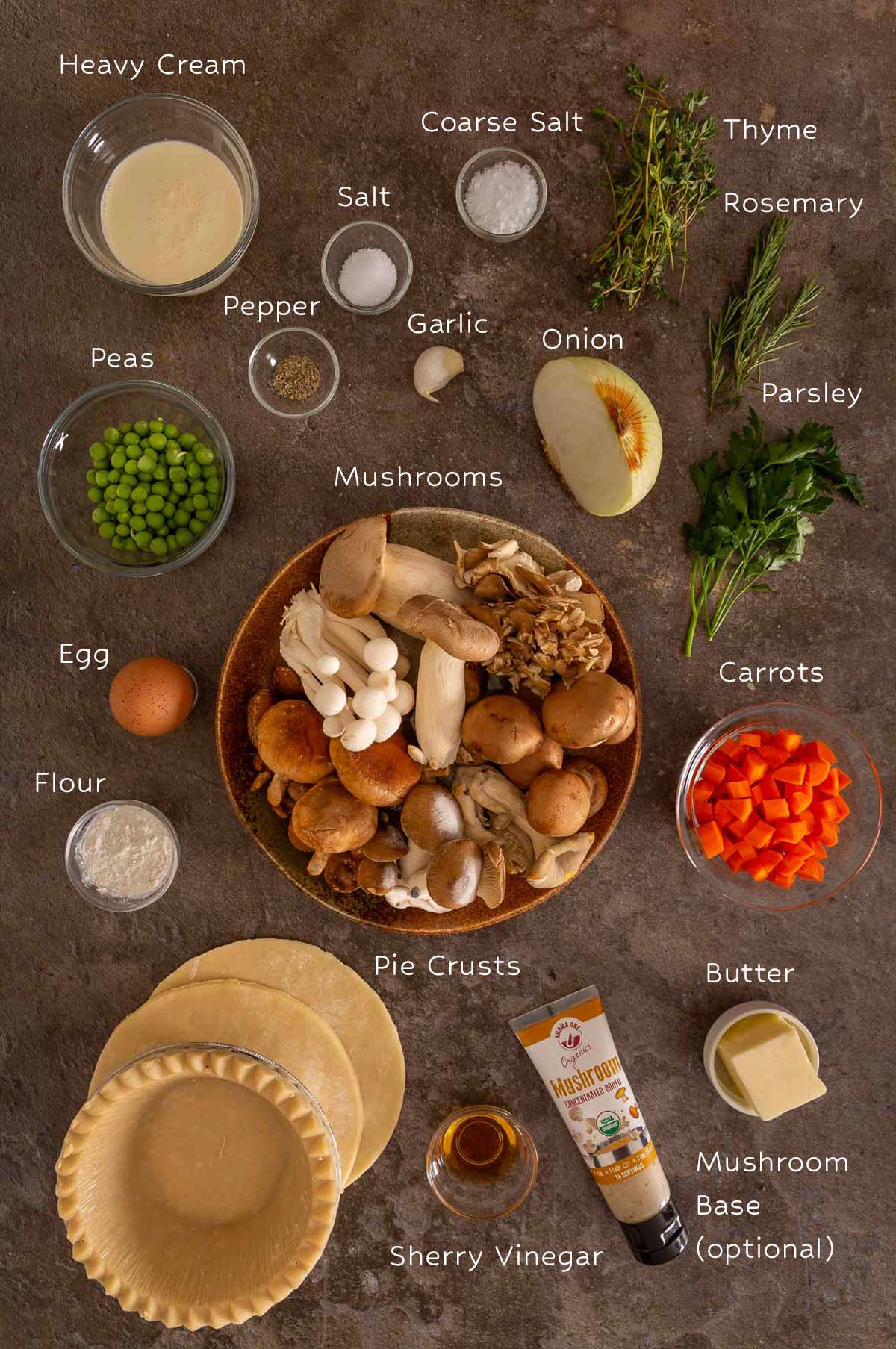 Overhead view of labeled ingredients for a savory pie, similar to how sheet pan pancakes are prepped in an easy sheetpan pancakes recipe, with mushrooms, peas, carrots, onion, garlic, herbs, egg, flour, butter, pie crusts, cream, spices, and sherry vinegar.