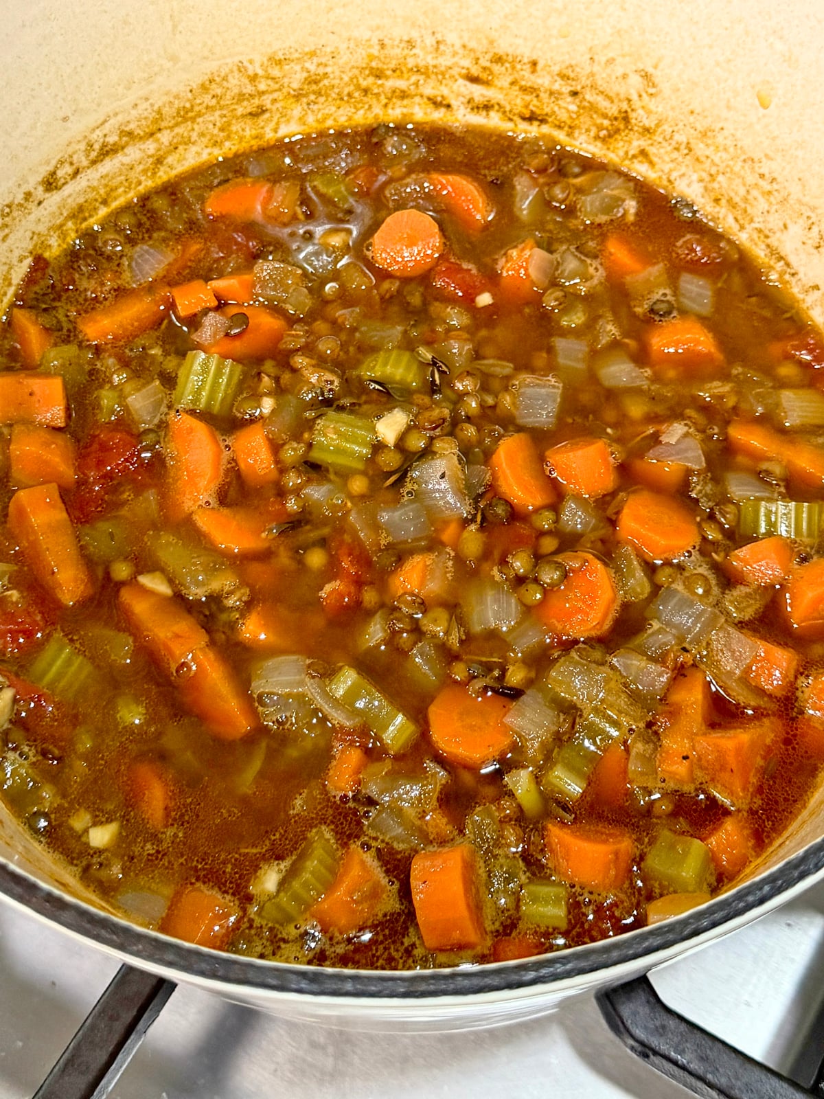 Carrot and red lentil soup with chopped celery and onions in a pot.